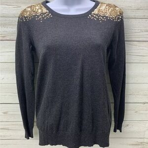 Anthropologie THML Womens Sweater, Long Sleeve, Gray, Gold Sequins, Size L